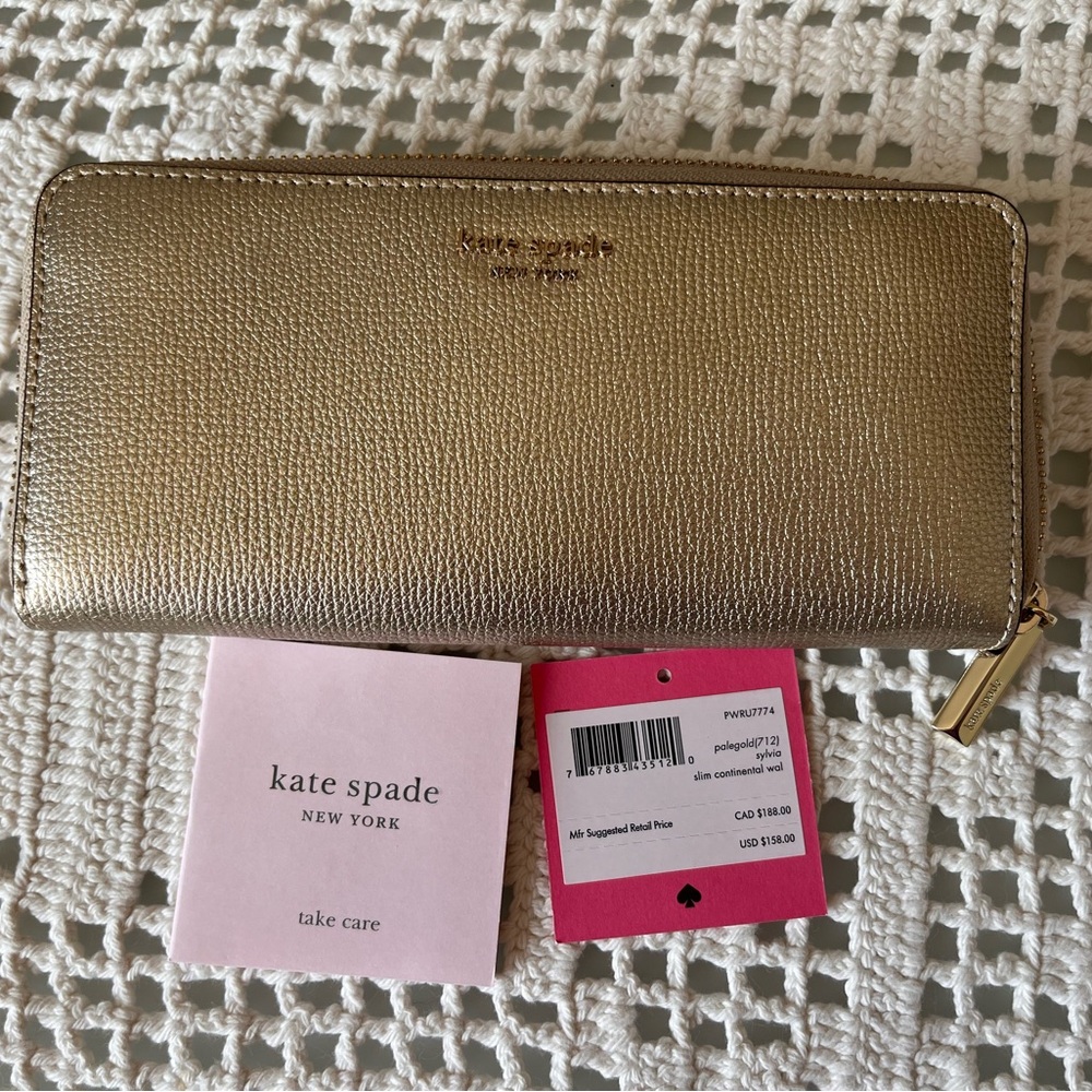 kate spade slim continental metallic gold zip-around wallet